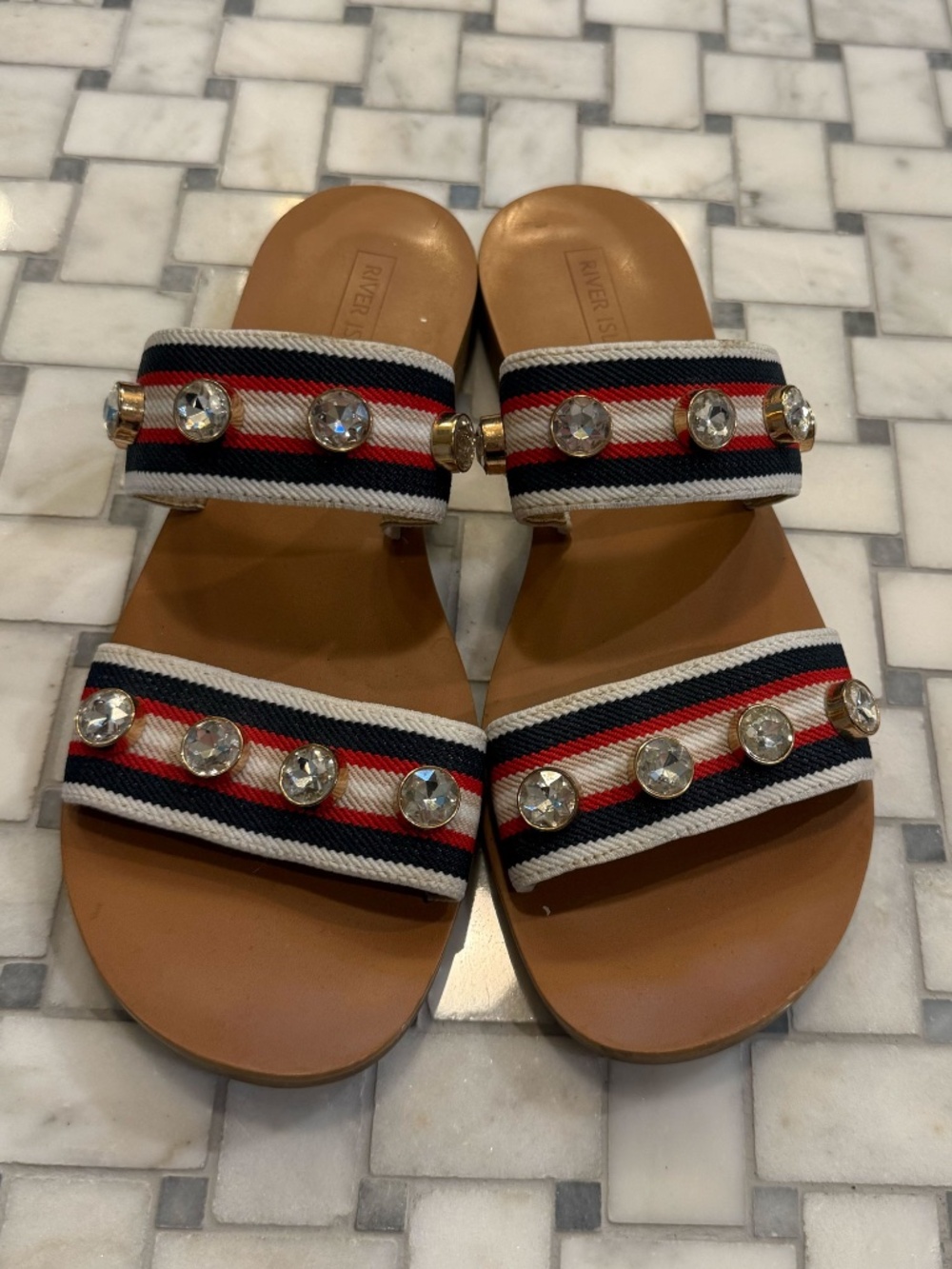 River Island Jeweled Striped Slide Sandals UK 6 / US 8 Rhinestone Embellished - Picture 3 of 6
